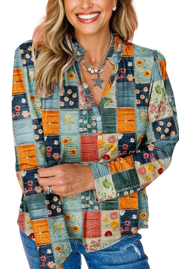 Sky Blue Fall Floral Half Placket Collared V Neck Blouse