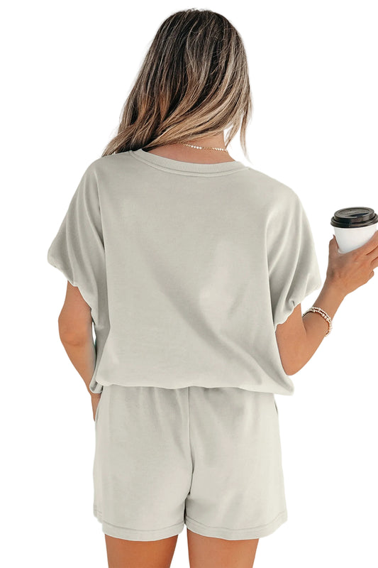 Smoke Gray Solid Color Puffy Loose Top Drawstring Shorts 2pcs Outfit