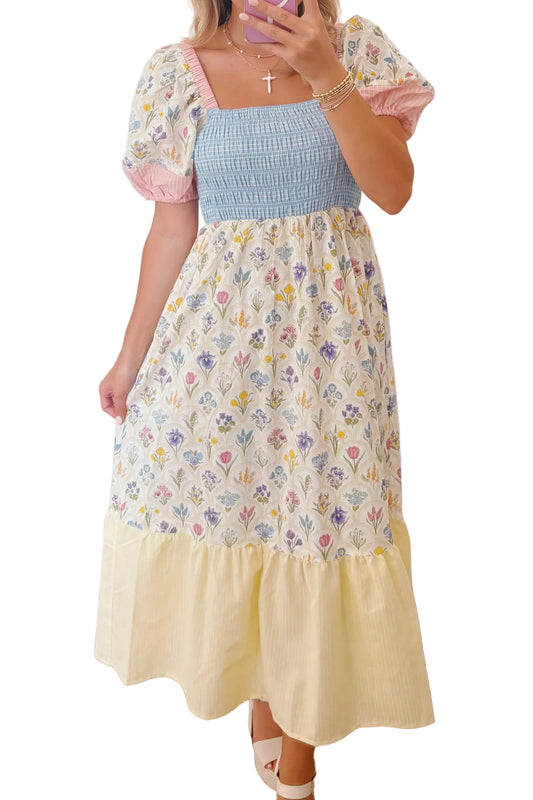 Multicolor Floral Print Striped Color Block Patchwork Square Neck Shirred Long Dress