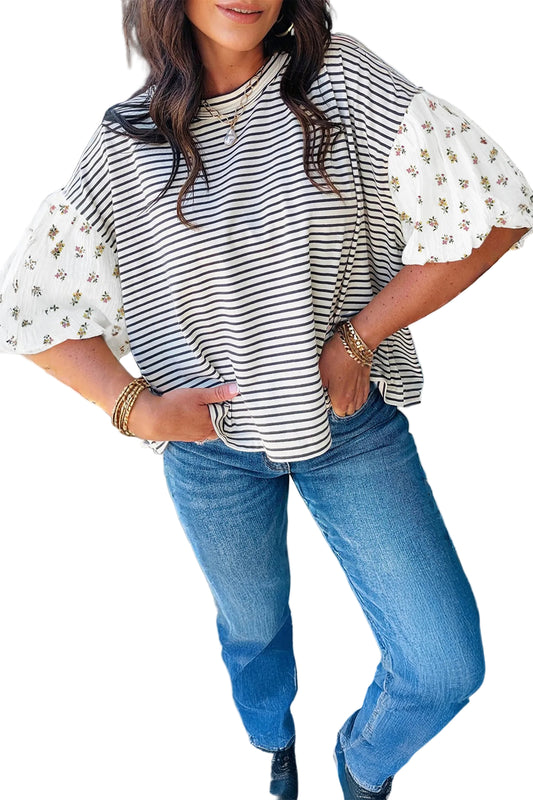 Black Stripe Floral Puff Sleeve Patchwork Round Neck Loose Top