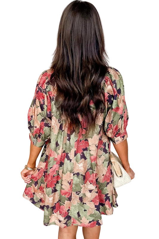 Green Floral Print Frilled Collar V Neck Half Sleeve Mini Dress
