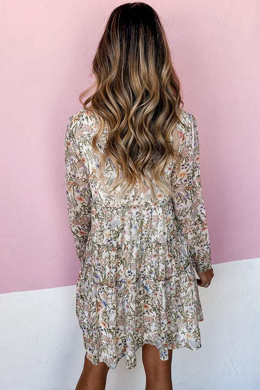 Long Sleeved Shirred Mock Neck Mini Tiered Dress with Liner and Shirred Sleeve Tips