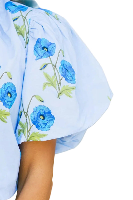Sky Blue Floral Print Tie Split Neck Short Puff Sleeve Blouse