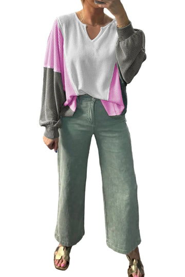 White Spiral Ribbed Raw Seam Color Block Patchwork Long Sleeve Top