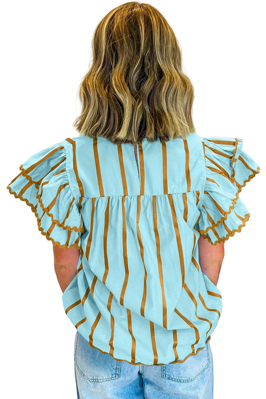 Sky Blue Stripe Ricrac Trim Double Ruffled Short Sleeve V Neck Blouse