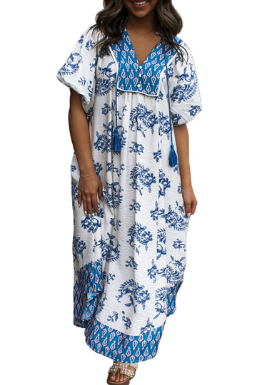 Sky Blue Boho Abstract Print Contrast Trim V Neck Tassel Tie Dress