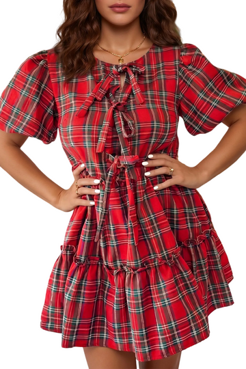Red Plaid Knot Neck Short Sleeve Mini Shift Dress