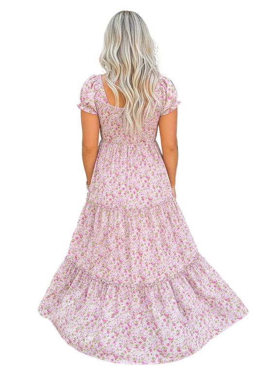Pink Floral Short Bubble Sleeve Shirred High Waist Maxi Dress