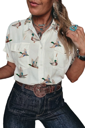 White Mallard Printed Button Flap Pocket Short Sleeve Shirt