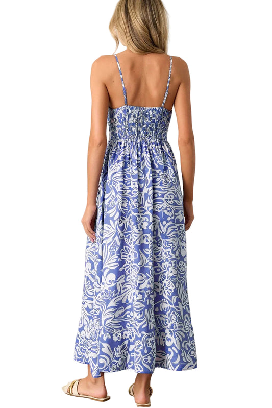 Sky Blue Floral Print Spaghetti Strap High Waist Maxi Dress