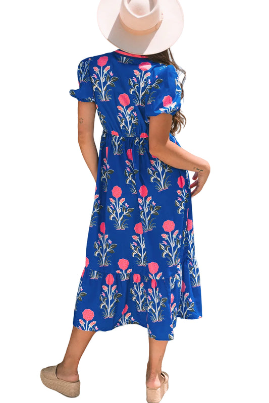 Sky Blue Floral Puff Short Sleeve V Neck High Waist Maxi Dress