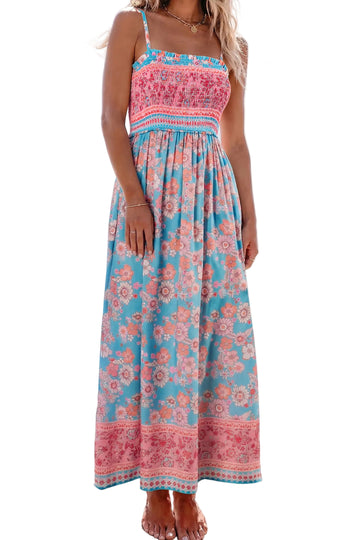 Sky Blue Bohemian Ethnic Print Spaghetti Straps Vacation Maxi Dress