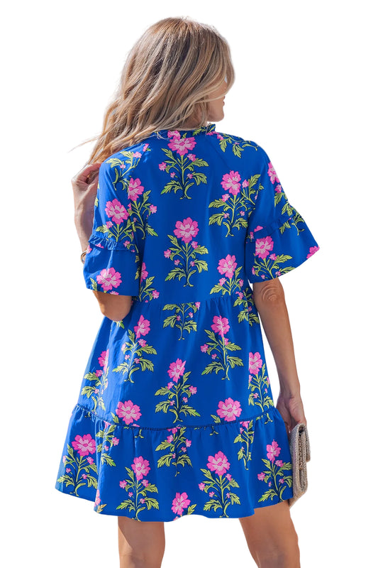 Blue V Neck Short Sleeve Loose Flower Dress
