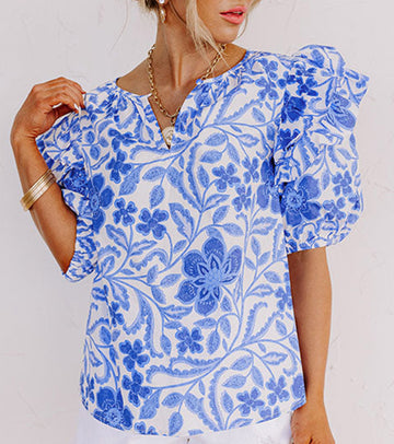 Dark Blue Floral Print Ruffled Bubble Sleeve Blouse