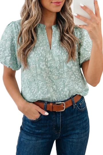 Iceland Blue Floral Textured Jacquard Puff Sleeve Blouse