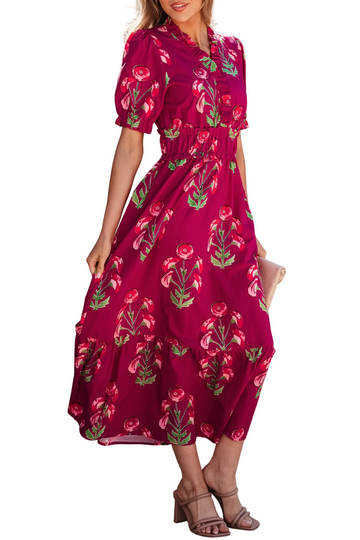Red Floral Print Frilled V Neck Short Sleeve Ruffle Maxi Dress