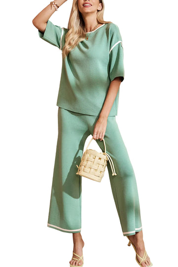 Canton Contrast Trim Half Sleeve Top Drawstring Pants Loose 2pcs Sweater Suit