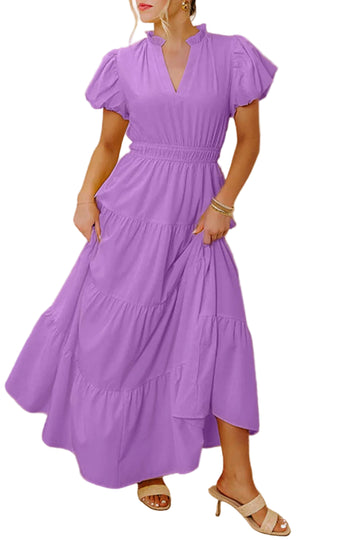Lavendula Solid Color V Neck Short Puff Sleeve High Waist Tiered Maxi Dress