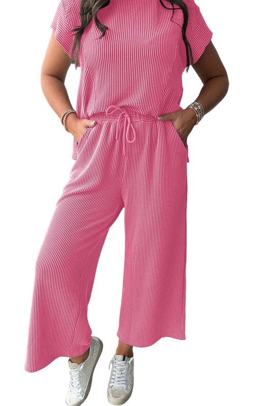 Wild Wind or Bright Pink Solid Corded Knit Short Sleeve T Shirt and Wide Leg Pants Set