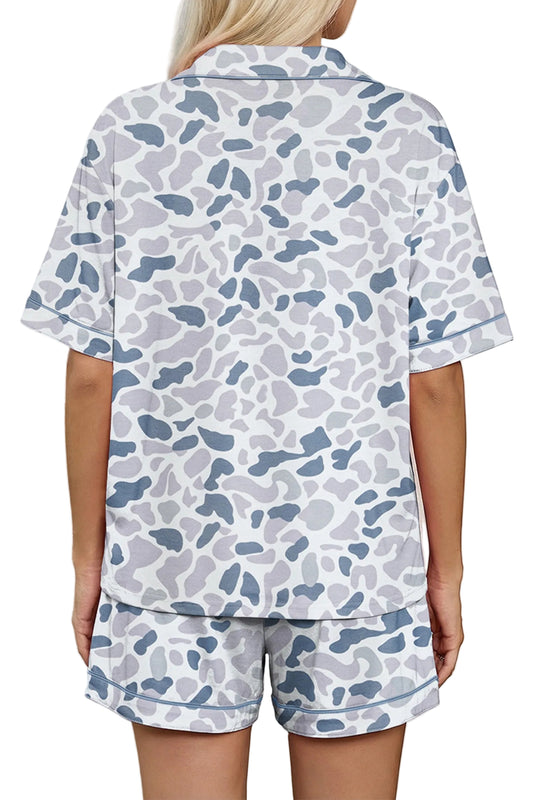 Beige Camouflage Print Lapel Shirt Drawstring 2pcs Short Pajama Set