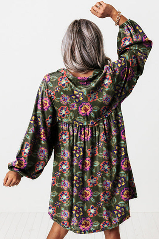 Green Floral Print Split Neck Bubble Sleeve Shift Mini Dress