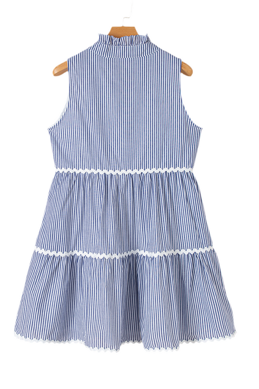 Blue Stripe Sleeveless Notched V Neck Contrast Ric Rac Mini Dress