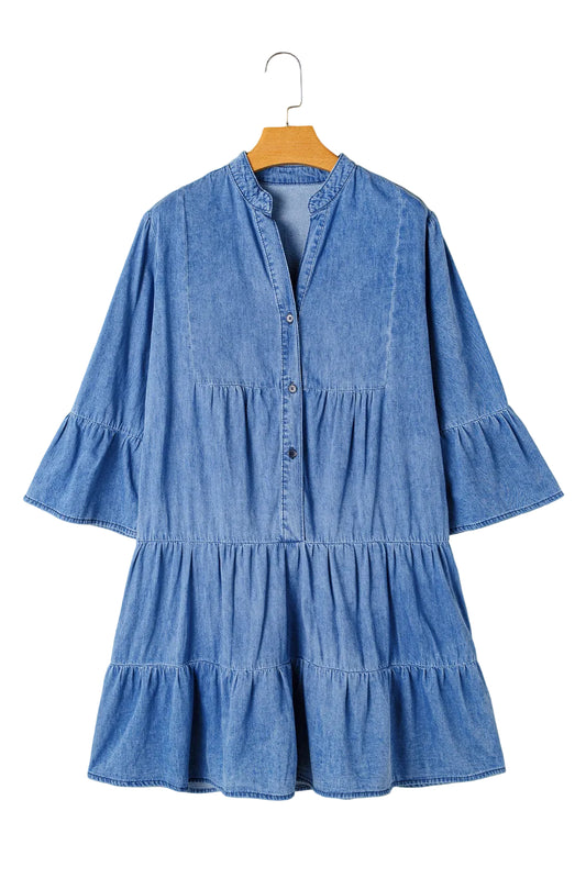 Sky Blue Chambray Ruffled 3/4 Sleeve Tiered Split V Neck Mini Dress