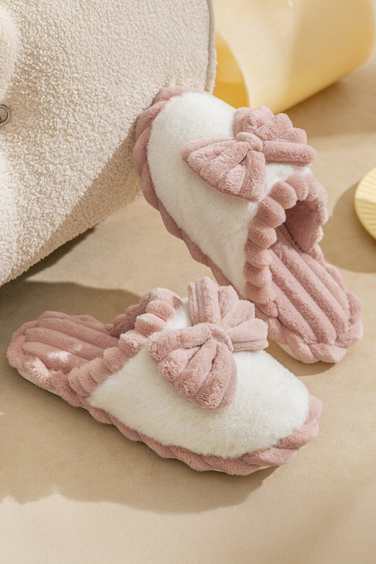Bow Decor Color Block Ribbed Plush Slippers