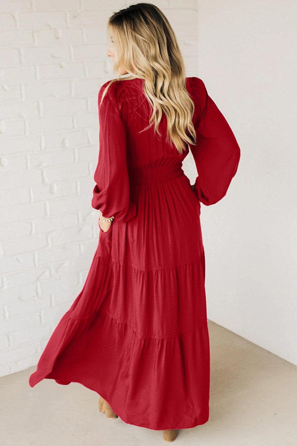 Racing Red Contrast Embroidered Detail Cinched Waist Tiered Long Sleeve Maxi Dress