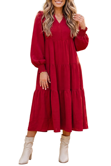 Racing Red Solid Color Ruffle Trim Long Sleeve Tiered Shift Midi Dress