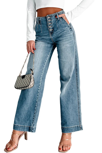 Dusk Blue Multi Buttons Medium Wash Straight Loose Leg Jeans