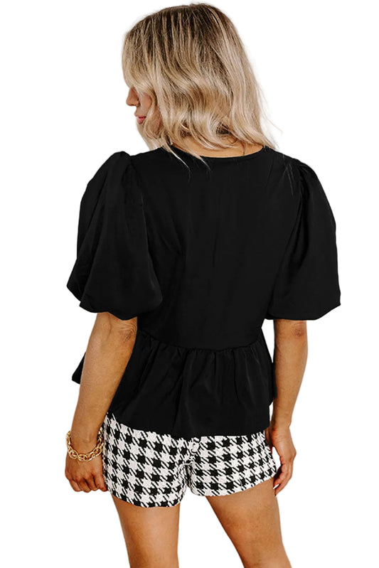 Black Puff Sleeve Bowknot Front Peplum Blouse