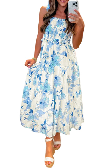 Sky Blue Ruffled Straps Smocked High Waist Floral Maxi Dress
