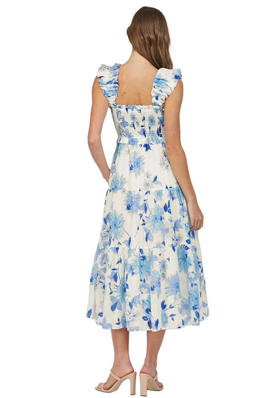 Sky Blue Ruffled Straps Smocked High Waist Floral Maxi Dress