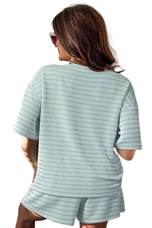 Green Stripe Raised Rib Loose Tee Drawstring Elastic Waist 2pcs Short Set
