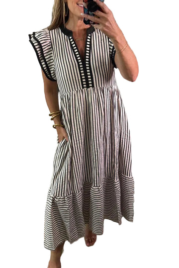 Black Stripe Double Ruffled Short Sleeve Contrast Trim V Neck Midi Dress