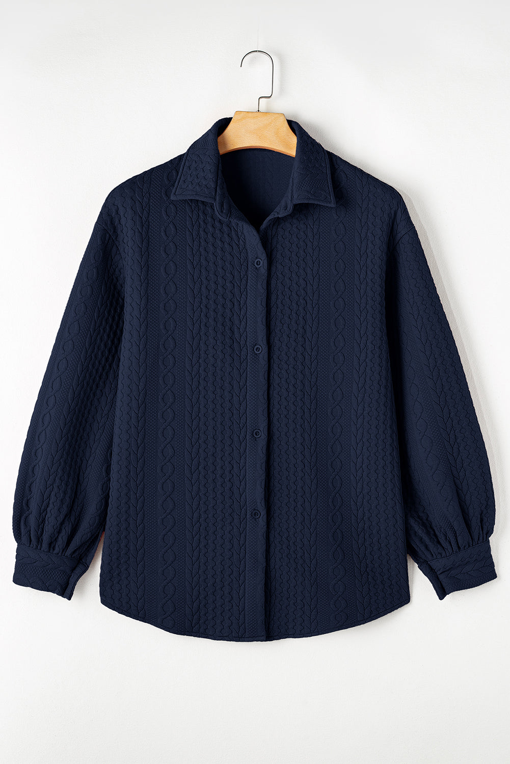 Navy Blue Cable Texture Puff Sleeve Loose Shacket