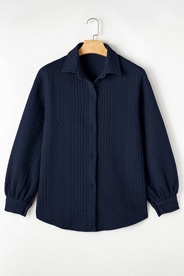 Navy Blue Cable Texture Puff Sleeve Loose Shacket