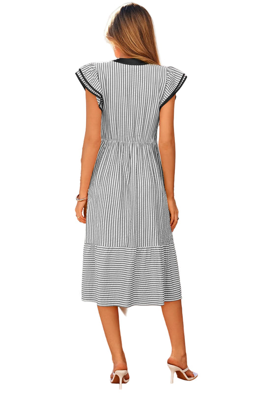 Black Stripe Contrast Trim V Neck Flutter Sleeve Casual Long Dress