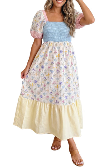 Multicolor Floral Print Striped Color Block Patchwork Square Neck Shirred Long Dress