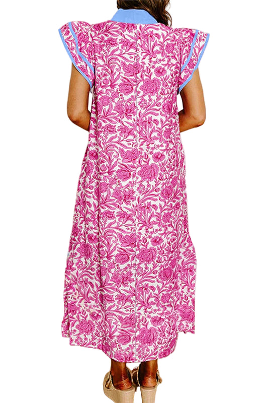 Pink Floral Print Color Block Patchwork V Neck Short Sleeve Midi Dress