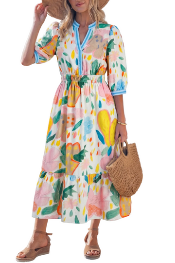 Multicolour Floral Doodle Print Striped Trim V Neck Midi Dress