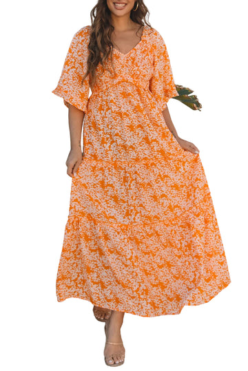 Orange Floral Print Smocked V Neck Wide Sleeve Maxi Dress