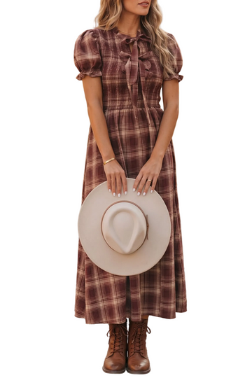 Red Vintage Plaid Knot Front Smocked High Waist Midi Dress
