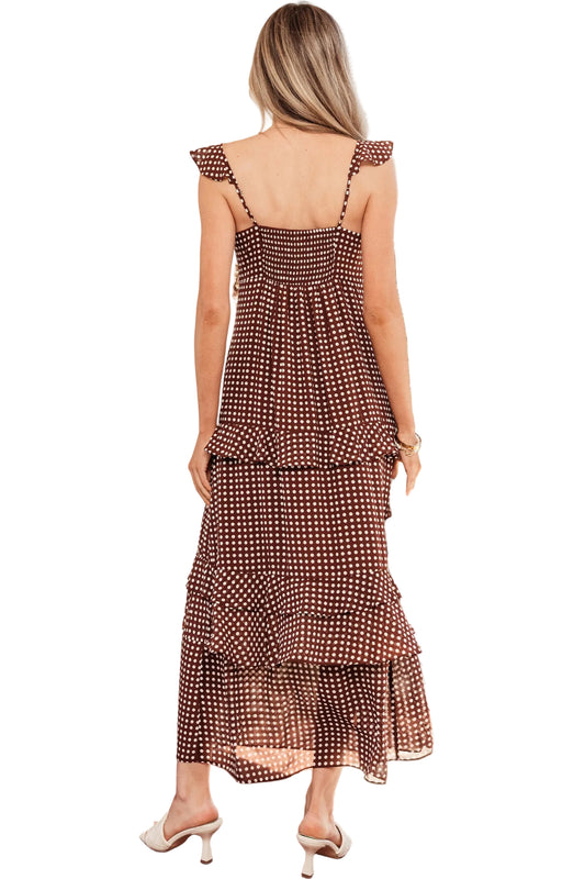 Coffee Polka Dot Print Backless Ruffled Tiered Maxi Dress