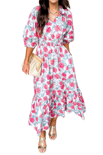 Red Elegant Floral Puff Sleeve Midi Dress
