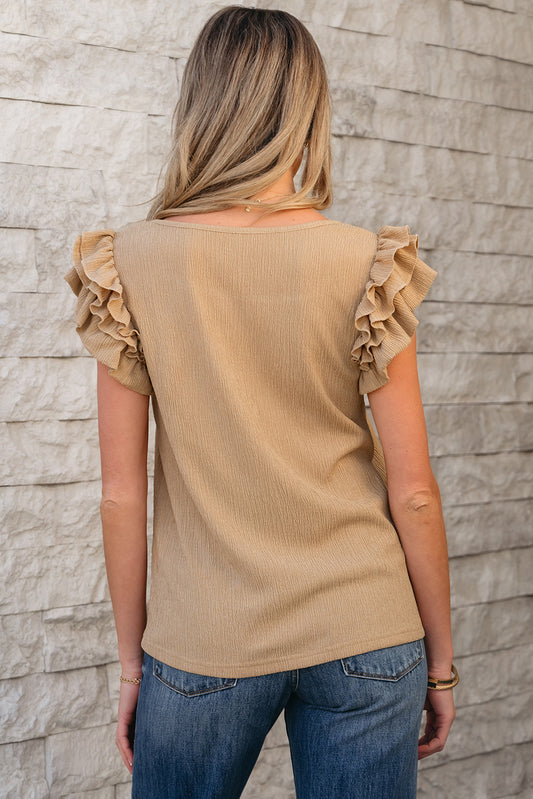 Khaki Ruffled Tiered Sleeve Square Neck Textured Top