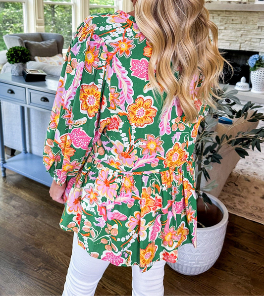 Green Floral Puff Sleeve V Neck Peplum Blouse