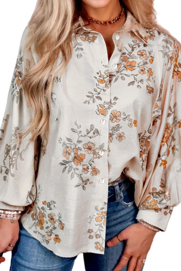 Apricot Floral Printed Silky Button Up Long Sleeve Shirt