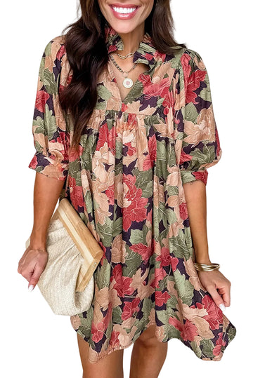 Green Floral Print Frilled Collar V Neck Half Sleeve Mini Dress